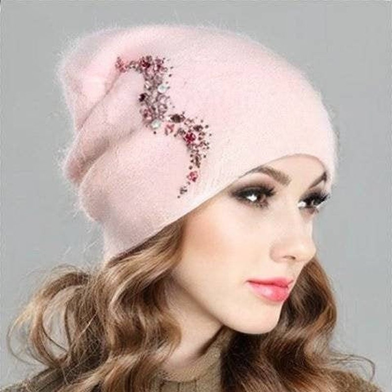 Pink Crystal embroidered hat, Angora wool womens beanie, Double layer slouchy skull beanie.