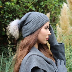 Cashmere set for wome&#39;s: hat, gloves, scarf, Cashmere Fox fu pom pom beanie, Warm and soft women winter cashmere set, Gift for her