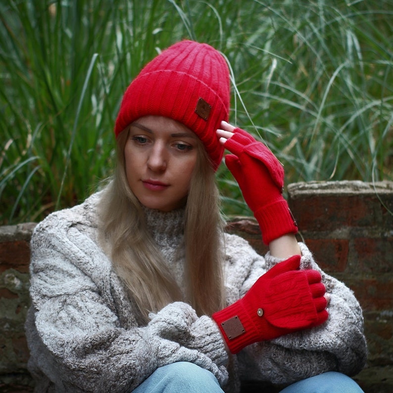 Cashmere fingerless gloves, Flappers mittens gloves, Convertible mittens, Gift for her, Gift for him Red