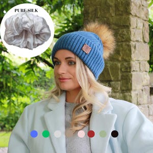 Cashmere & 100% PURE SILK Lined Hat – Winter Beanie with Faux Fur Pom Pom, Frizz-Free, for Curly Hair, Luxury Gift for Her