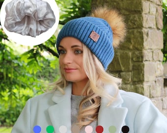 Gorro de cachemir para mujer con forro de seda de morera 100% pura – Gorro de invierno de lujo con pompón de piel sintética, protección y cuidado del cabello, regalo para ella.
