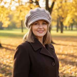Puede incluir: Una mujer con un abrigo marrón y un gorro de punto gris con un diseño decorativo. El fondo muestra un parque con árboles y hojas amarillas, sugiriendo un escenario otoñal.