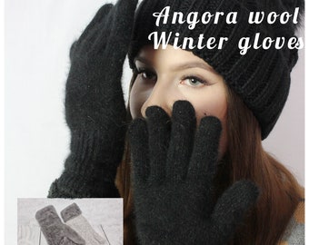 Angora wool gloves, lined gloves, warm and thick womens winter gloves.