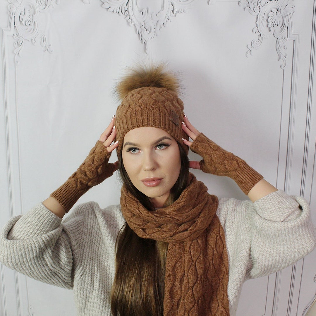 Cashmere Hat Scarf and Mittens Set Women Winter Beanie - Etsy UK