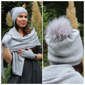 Cashmere Winter Hat for Women – Soft Double Layer Beanie, Warm and Breathable Knit Faux Fur Pom Pom Hat, Elegant Cold Weather Gift for Her