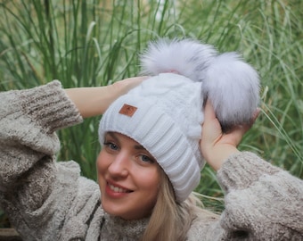 Winter woolen women hat, fleece inner beanie, double pom pom hat