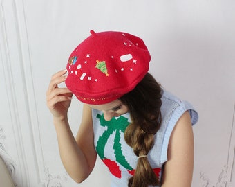 Christmas beret, Red embroidered christmas beret Gift for her