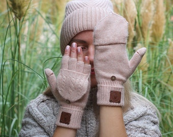 Cashmere Fingerless Gloves – Convertible Mittens, Flap Winter Gloves, Warm Soft Knit Gloves, Gift for Her