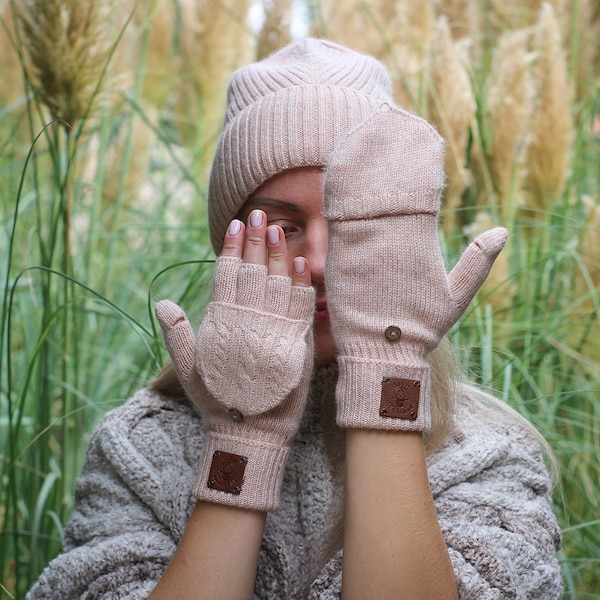 Cashmere fingerless gloves, Flappers mittens gloves, Convertible mittens, Gift for her, Gift for him