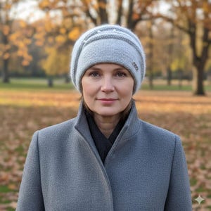 Damska zimowa czapka z wełny angorskiej – dwuwarstwowa, ciepła czapka, przytulny prezent dla mamy lub babci
