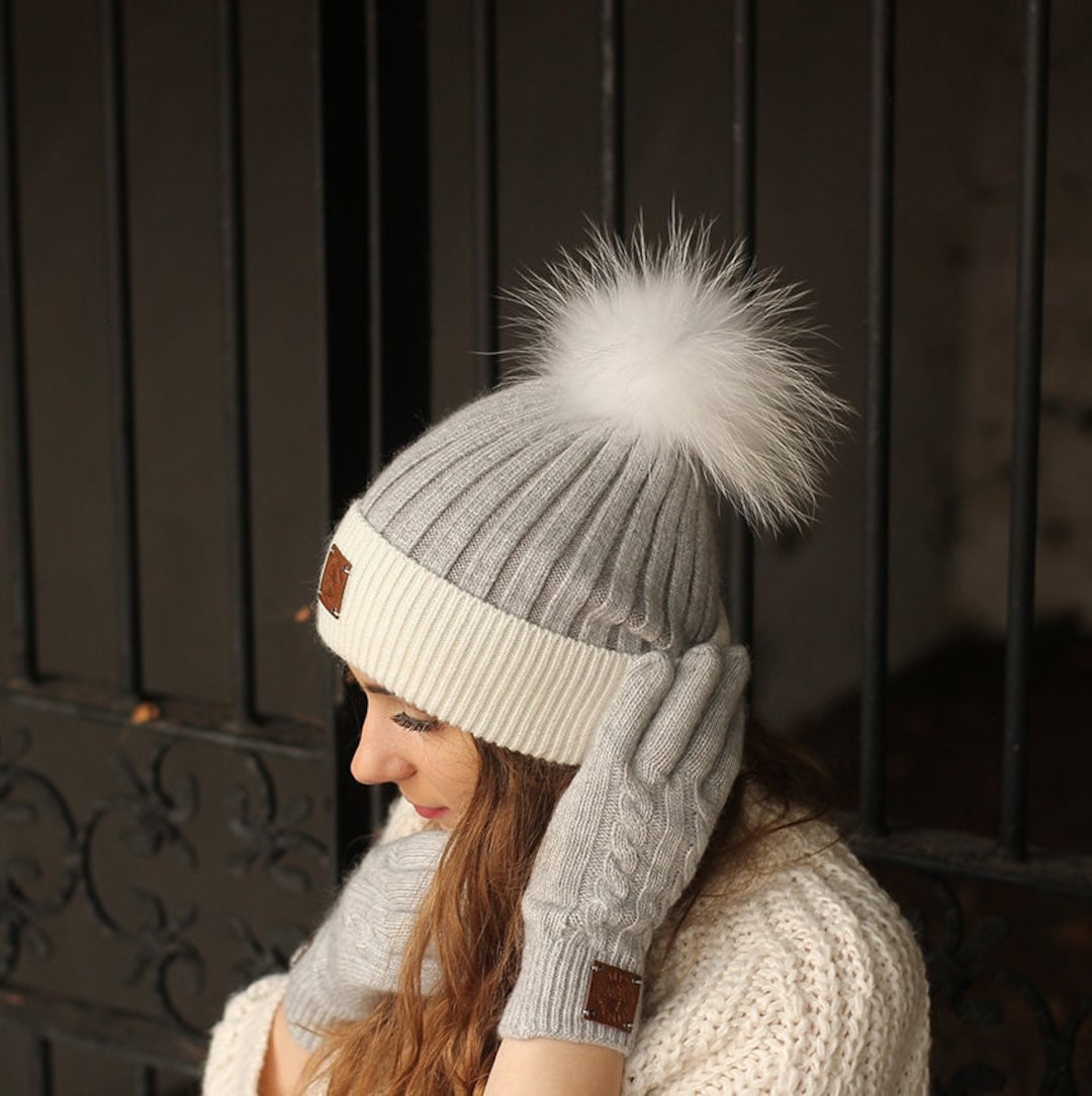 2 Colors of Gray Super Beanie Fur Pompom Hat Two Pom Poms Women