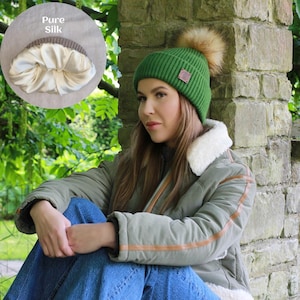 100% Pure Silk-Lined Cashmere Hat – Triple Layer Women’s Winter Beanie, Reduces Frizz, Faux Fur Pom Pom, Luxury Gift for Her
