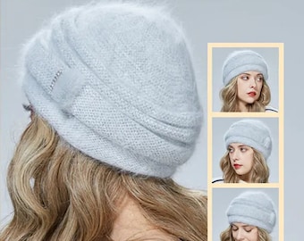 Womens angora wool hat, double layer warm hat, gift for her