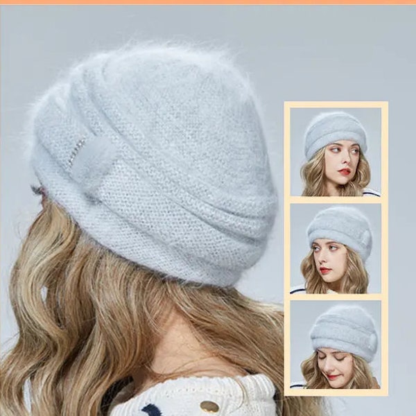 Womens angora wool hat, double layer warm hat, gift for her