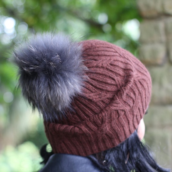 Women's Winter Cashmere Slouchy Hat, Brown Cashmere Fox Fur Beanie
