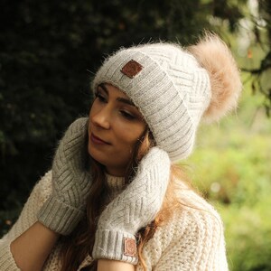 Cashmere Hat and Mittens Set for Women – Warm Winter Beanie with Faux Fur Pom Pom, Soft Luxury Gift Set For Her, Cozy and Stylish Accessory