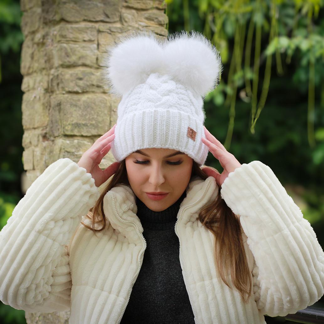 Elegant White Hat with Faux Fur Pom Poms Plush White Winter Trapper Hat With Pom-poms on Luulla main image 4