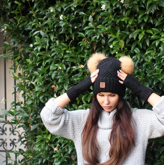 ENJOYFUR Winter Fur Pompom Hats For Women Cashmere Wool Knit