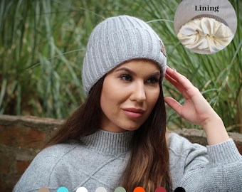 Gorro de cachemira forrado en seda de tamaño pequeño, gorro de mujer con forro de cachemira y seda, gorro de cachemira cálido y suave, regalo para ella.