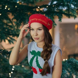 Women&#39;s woolen Christmas beret, Red embroidered christmas hat beret, Gift for her