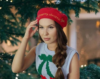 5374 Casual Handmade Santa Hat Xmas Wool Beret Felt Caps Winter (grey Xmas Handmade Wool Felt Christmas Beret: Santa Decor Holiday Hat  main image 3