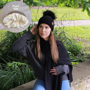 100% Pure Silk-Lined Cashmere Hat – Triple Layer Women’s Winter Beanie, Reduces Frizz, Faux Fur Pom Pom, Luxury Gift for Her