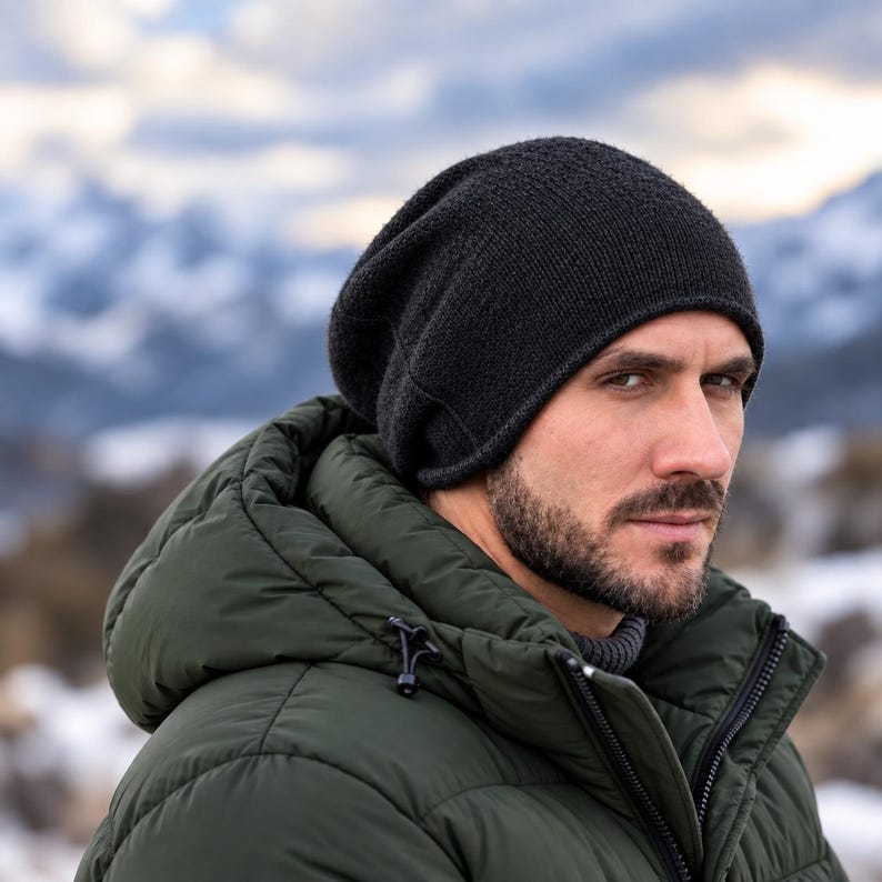 May include: A dark charcoal grey knit beanie hat worn with a dark olive green puffer jacket featuring a hood with black drawstring toggles and a front zip closure, providing a layered look for cold weather conditions.