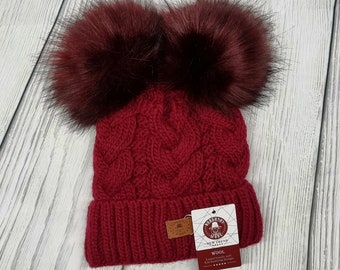 Winter woolen women hat, fleece inner beanie, double pom pom hat