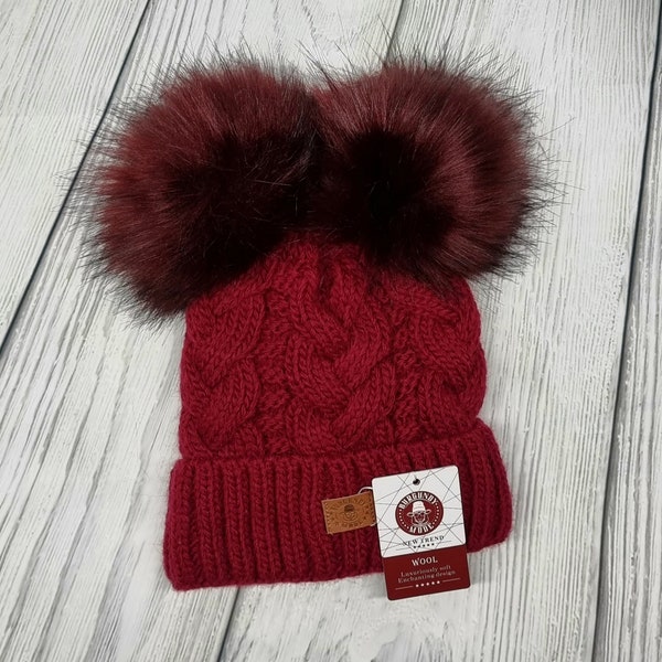 Chapeau d'hiver en laine pour femmes, bonnet intérieur en polaire, chapeau à double pompon