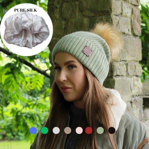 Cashmere & 100% PURE SILK Lined Hat – Winter Beanie with Faux Fur Pom Pom, Frizz-Free, for Curly Hair, Luxury Gift for Her
