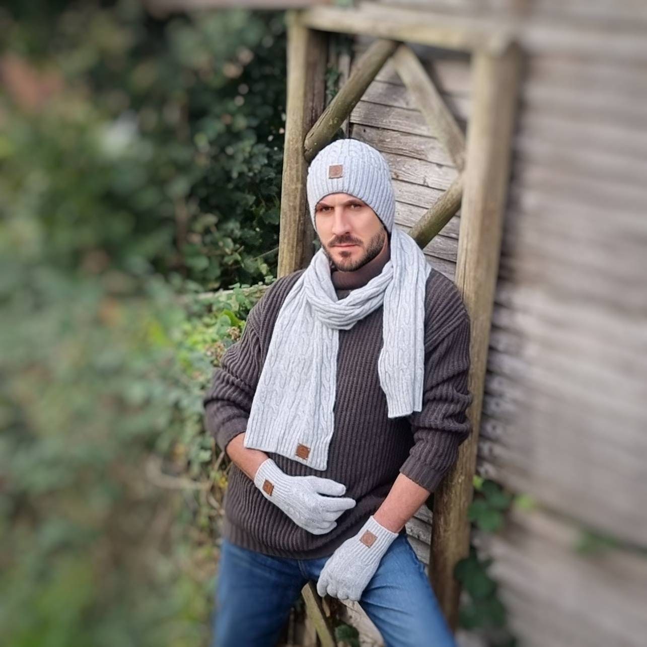 Cashmere Set for Men: Hat Gloves Scarf 