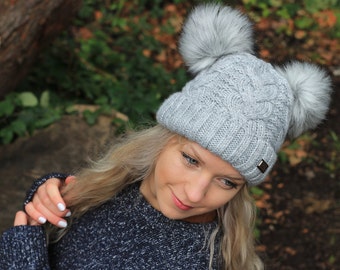 Winter woollen women hat, inner fleece lining beanie, double pom pom bobble hat