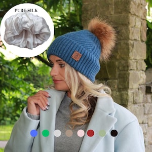 Cashmere & 100% PURE SILK Lined Hat – Winter Beanie with Fox Fur Pom Pom, Frizz-Free, for Curly Hair, Luxury Gift for Her