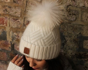 Cashmere hat, Real fur pom pom Beanie, Gift for her