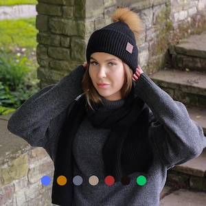 Silk-Lined Triple Layer Women’s Cashmere Hat – Reduces Frizz, Faux Fur Pom Pom Beanie, Luxury Winter Gift for Her