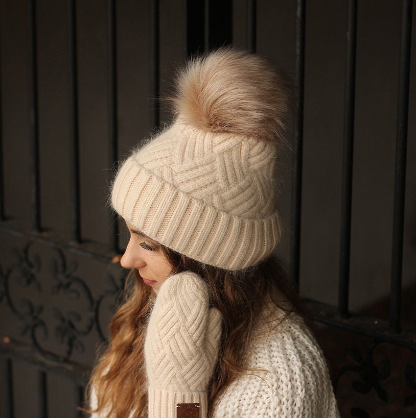 Cashmere Hat and Mittens Set Womens 