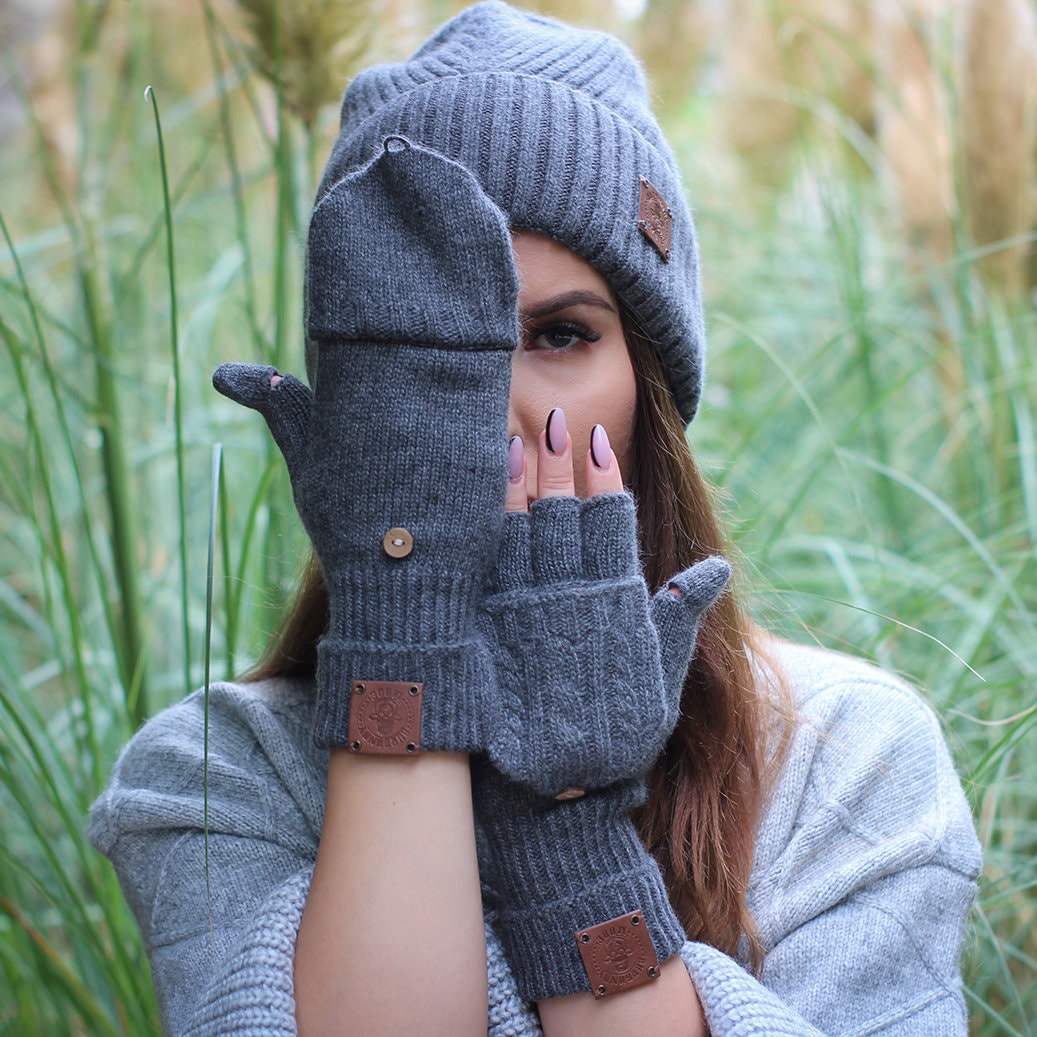 Cashmere Fingerless Gloves, Flappers Mittens Gloves, Convertible
