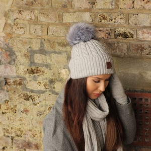 Cashmere set for women: Faux fur pom pom hat, gloves, scarf, Knit set, Cozy and soft women winter cashmere set. Gift for her.