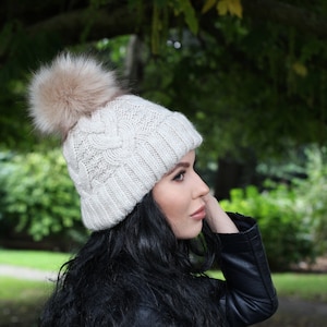 Winter woolen hat for ladies, fleece lining hat, pom pom beanie Beige