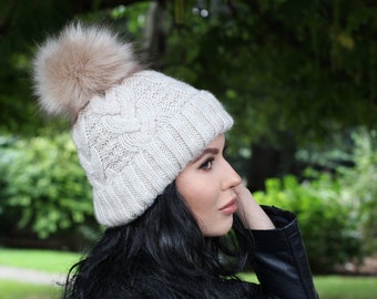 Winter woolen hat for ladies, fleece lining hat, pom pom beanie