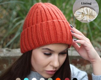 Gorro de cachemira forrado en seda de tamaño pequeño, gorro de mujer con forro de cachemira y seda, gorro de cachemira cálido y suave, regalo para ella.