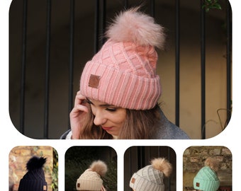 Cashmere faux fur pom pom beanie, Triple layered on ear knit hat, Cozy and super soft women winter cashmere hat