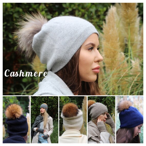 Cashmere Fox Fur Pom Pom Hat Women Winter Double Layer - Etsy Hong