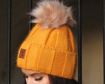 Cashmere and wool faux fur pom pom beanie, Knit hat, Cozy and women winter cashmere and wool hat