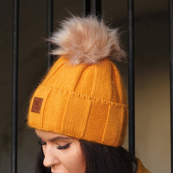 Cashmere and wool faux fur pom pom beanie, Knit hat, Cozy and women winter cashmere and wool hat