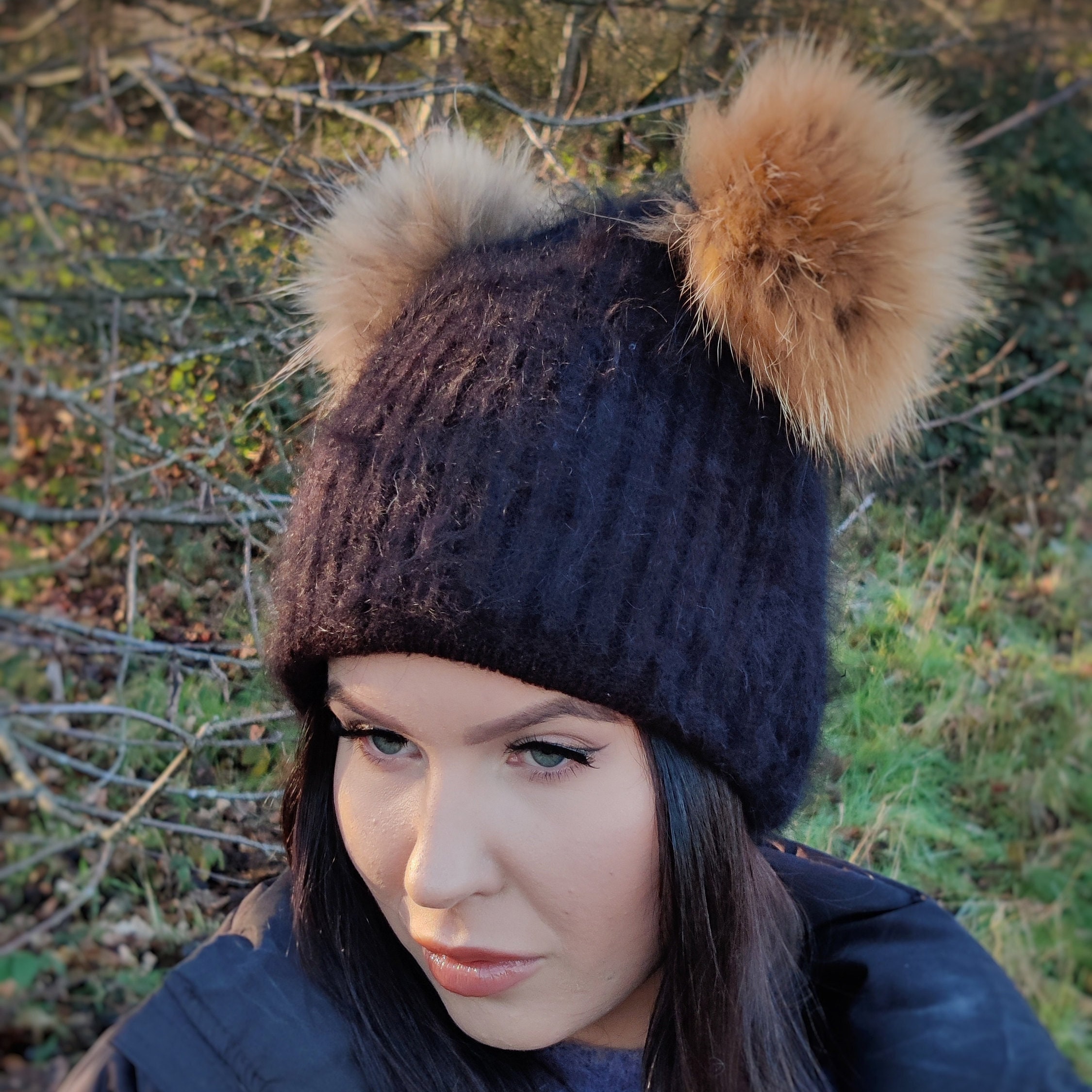Bonnet De Ski Tricoté Avec Pompon En Fourrure Véritable - Taille 56-58 - Violet - Neuf