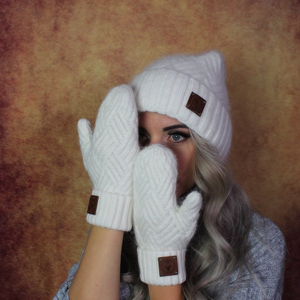 Ensemble bonnet et mitaines en cachemire, Bonnet d'hiver pour femme, Mitaines en tricot de cachemire, Cadeau pour elle