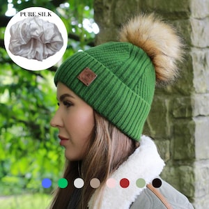Cashmere & 100% PURE SILK Lined Hat – Winter Beanie with Faux Fur Pom Pom, Frizz-Free, for Curly Hair, Luxury Gift for Her