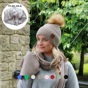 Cashmere & 100% PURE SILK Lined Hat – Winter Beanie with Faux Fur Pom Pom, Frizz-Free, for Curly Hair, Luxury Gift for Her