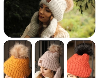 Cashmere faux fur pom pom hat, Women winter hat, Gift for her